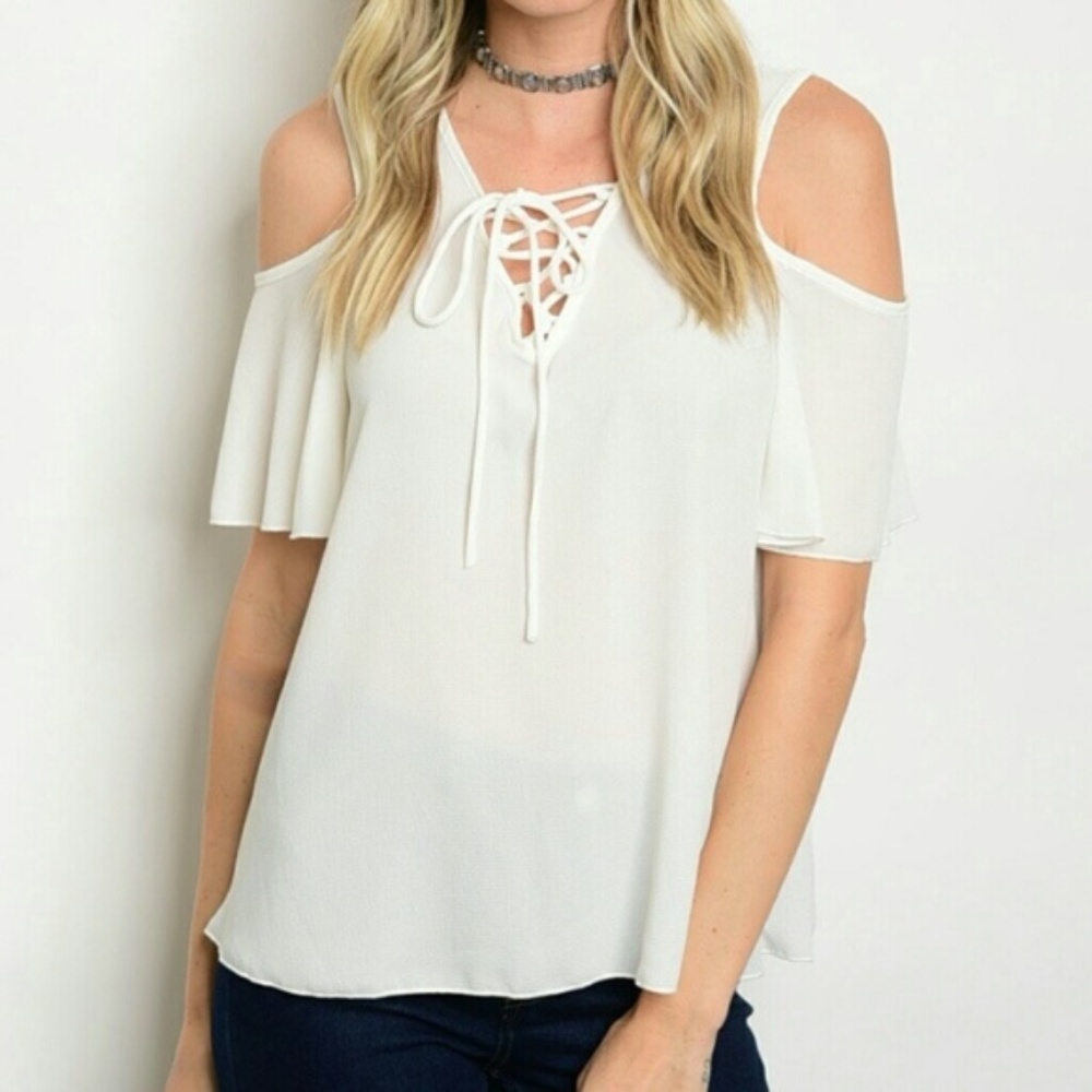 White Lace -up Cold Shoulder Top